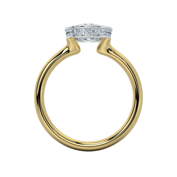 Celeste two-tone engagement ring with a white gold bezel-set Asscher-cut diamond on a yellow gold band.