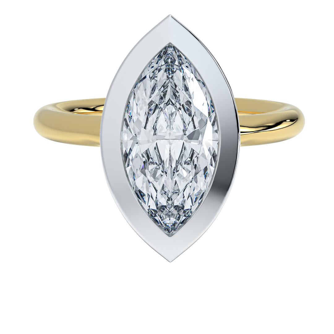Celeste engagement ring: two-tone gold band, white gold bezel setting, marquise-cut diamond.