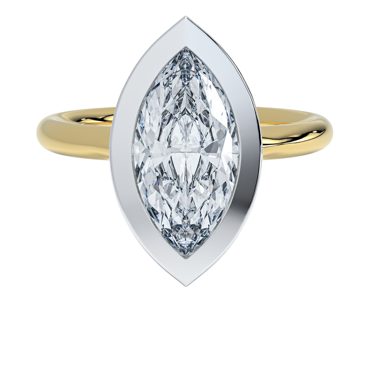 Celeste engagement ring: two-tone gold band, white gold bezel setting, marquise-cut diamond.