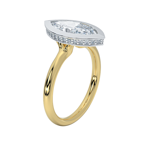 Celeste two-tone engagement ring with a marquise diamond in a white gold bezel and pavé band.