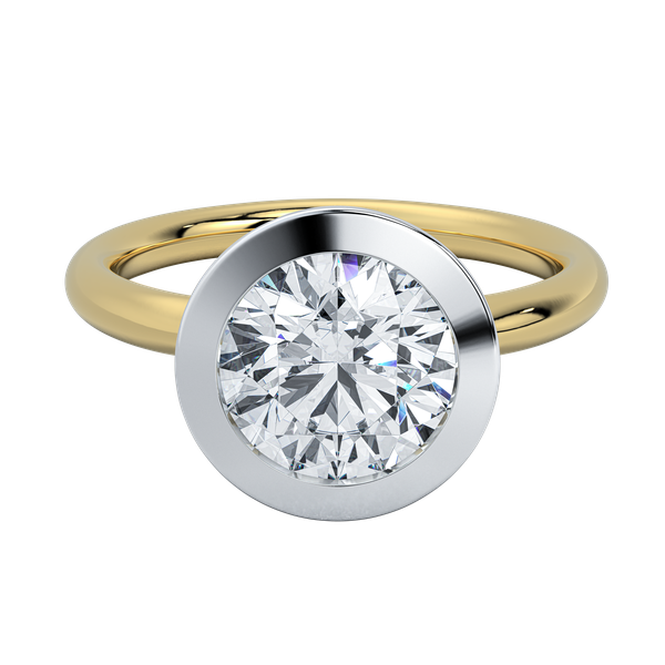 Celeste two-tone engagement ring with a round diamond in a white gold bezel and yellow gold band.