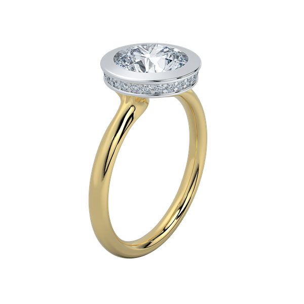 Celeste two-tone engagement ring with a white gold bezel-set Asscher-cut diamond and pavé band on a yellow gold shank.