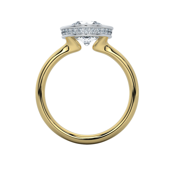 Celeste two-tone engagement ring with a white gold bezel-set Asscher-cut diamond and pavé band on a yellow gold shank.