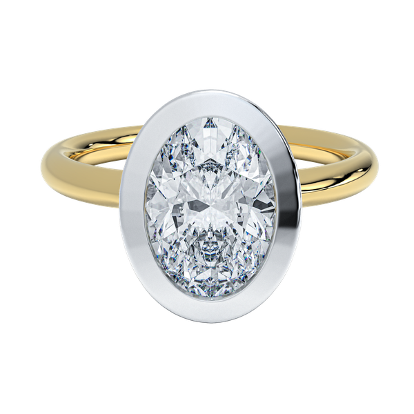 Celeste two-tone engagement ring with an oval diamond in a white gold bezel and yellow gold band.