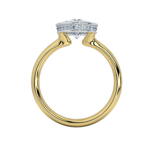 Celeste two-tone engagement ring with a white gold bezel-set Asscher-cut diamond and yellow gold band.