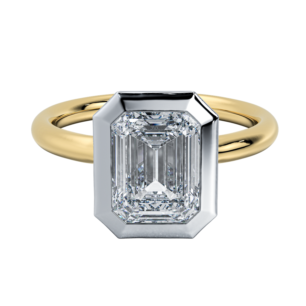 Celeste two-tone engagement ring with a white gold bezel-set Asscher-cut diamond on a yellow gold band.