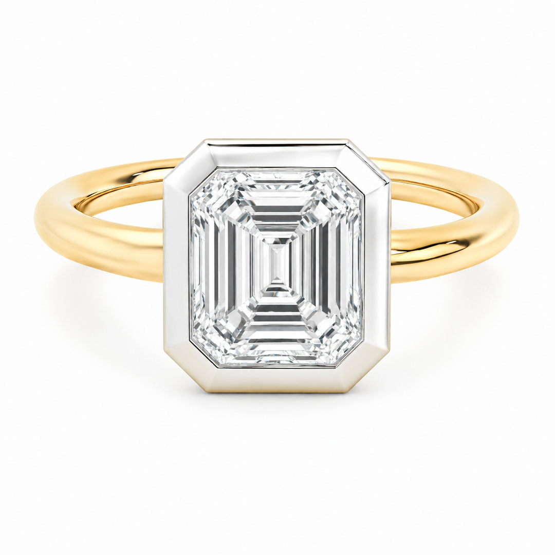 Celeste two-tone 14K yellow and white gold engagement ring with an Asscher cut diamond.