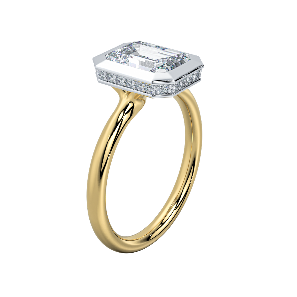 Celeste two-tone 14K yellow and white gold engagement ring with emerald cut diamond and hidden halo.