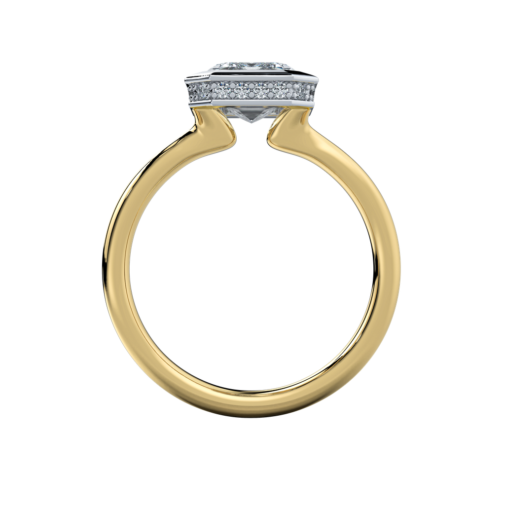 Celeste two-tone 14K yellow and white gold engagement ring with a bezel-set diamond and hidden halo.