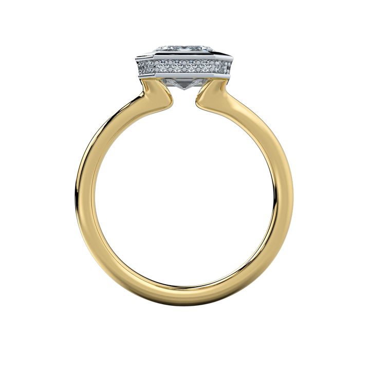 Celeste two-tone 14K yellow and white gold engagement ring with a bezel-set diamond and hidden halo.