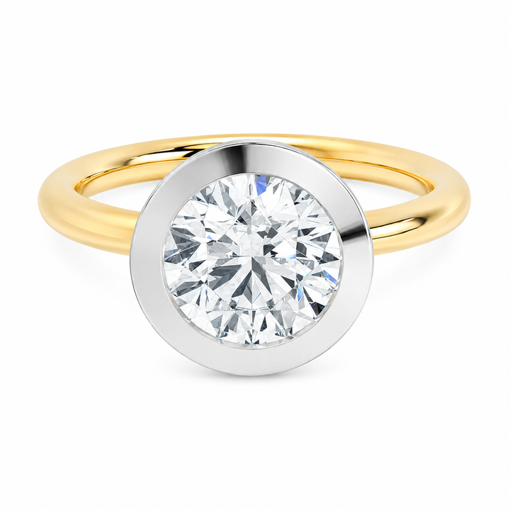 Celeste 14K yellow and white gold engagement ring with a round 2 CT diamond in a two-tone bezel.
