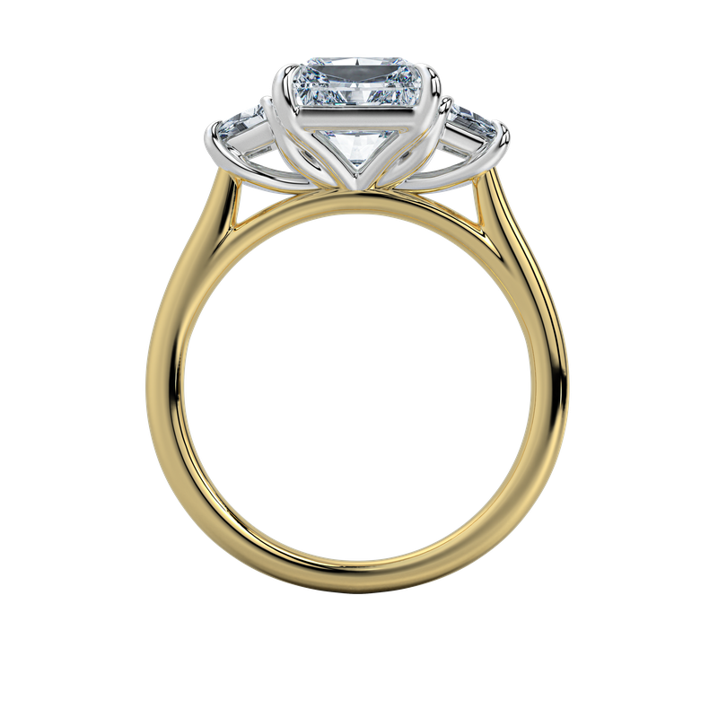 Charlotte engagement ring: gold band, emerald-cut center stone, trapezoid side stones.