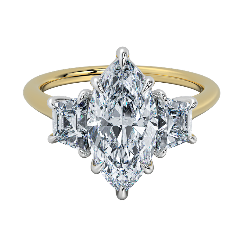 Charlotte engagement ring with marquise center diamond, trapezoid side stones, and gold band.