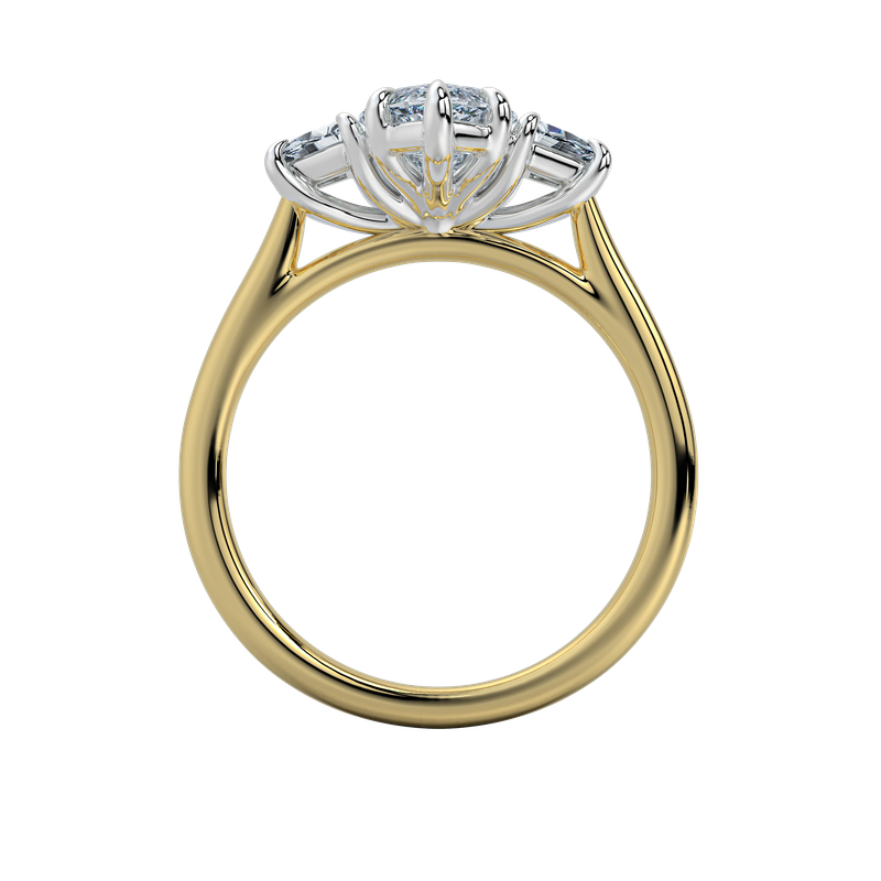 Charlotte engagement ring with an emerald center stone and trapezoid side stones on a yellow gold band.