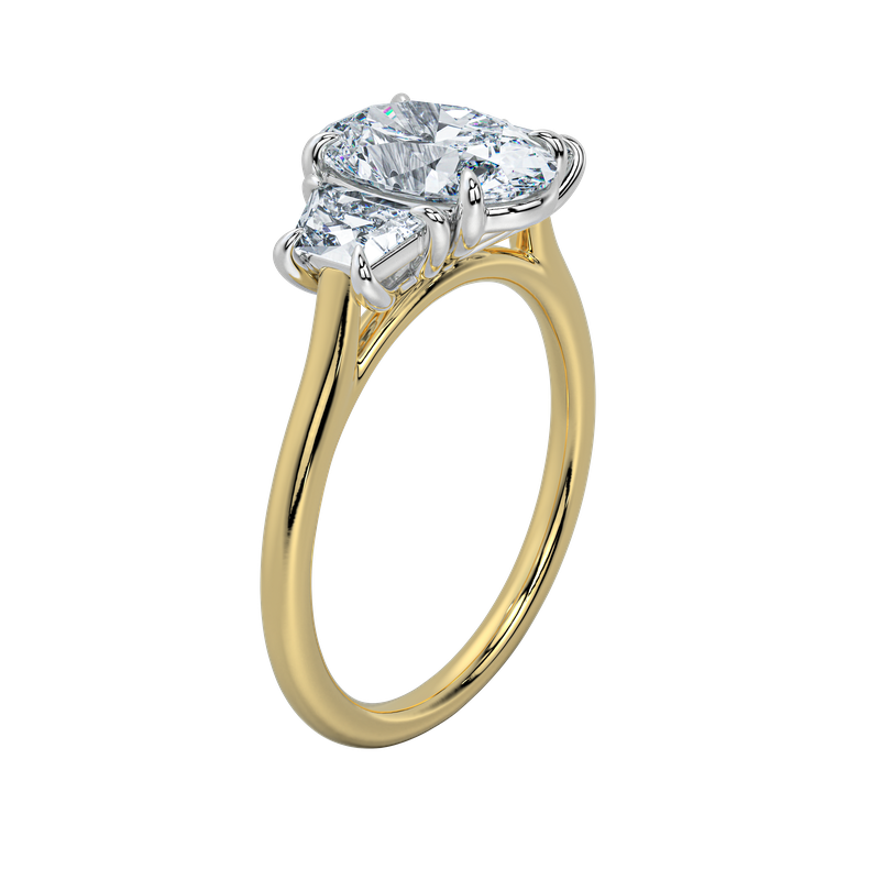 Charlotte three-stone engagement ring with a 2 CT diamond, trapezoid side stones, and a 14K yellow and white gold setting.