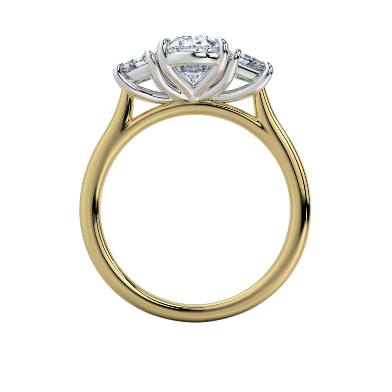 Charlotte three-stone engagement ring with a 2 CT diamond, trapezoid side stones, and a 14K yellow and white gold setting.