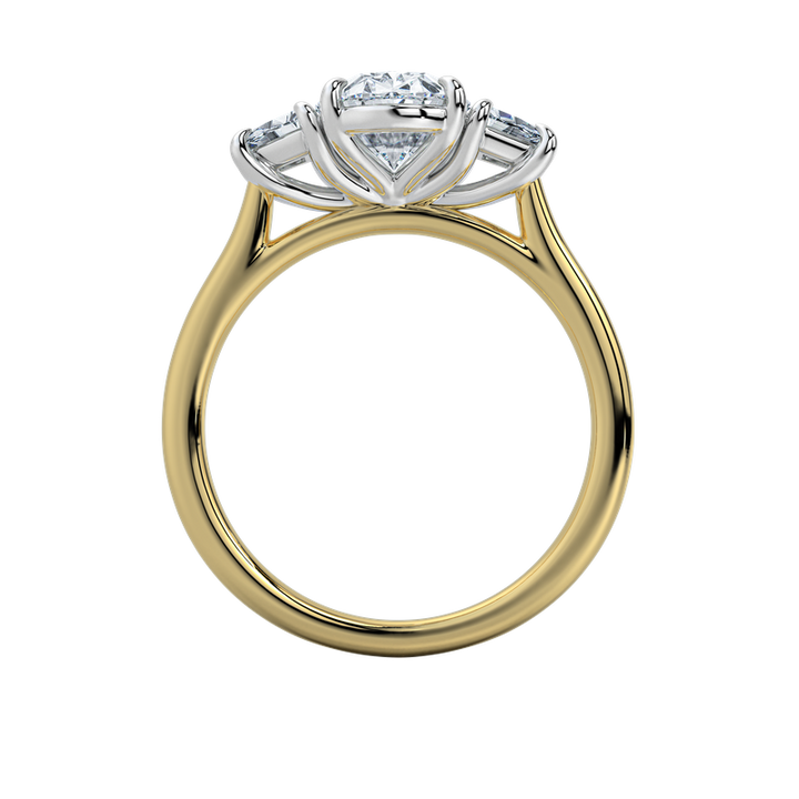 Charlotte three-stone engagement ring with a 2 CT diamond, trapezoid side stones, and a 14K yellow and white gold setting.