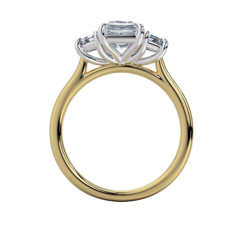 Charlotte three-stone engagement ring with a 2 CT diamond center, trapezoid side stones, and a 14K yellow and white gold two-tone setting.