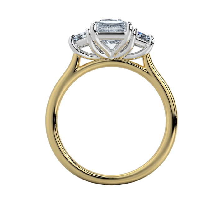 Charlotte three-stone engagement ring with a 2 CT diamond center, trapezoid side stones, and a 14K yellow and white gold two-tone setting.