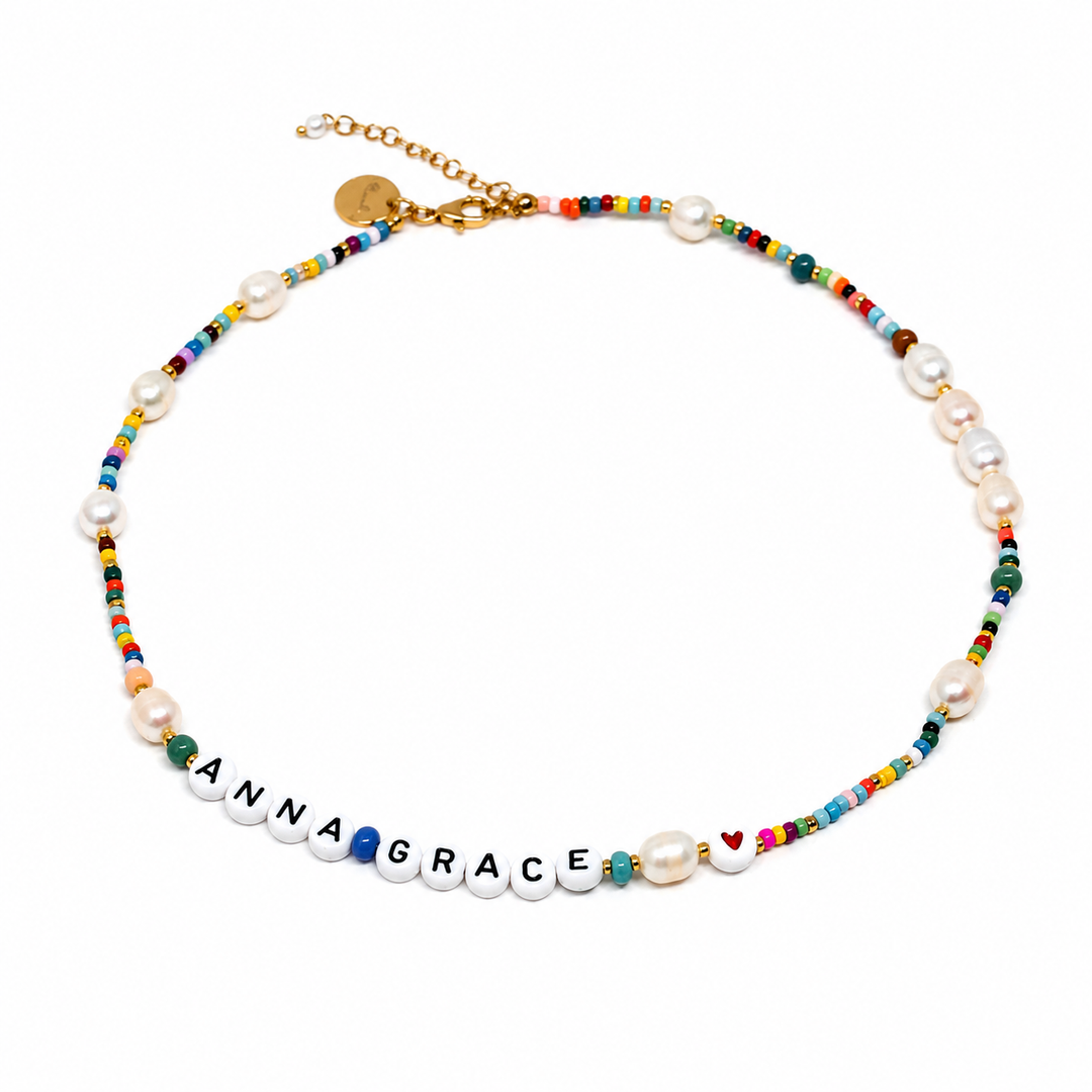 Rainbow Bead and Pearl Name Necklace