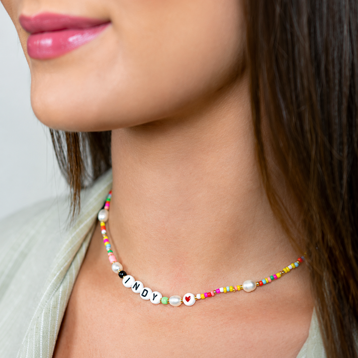 Confetti Bead and Pearl Name Necklace
