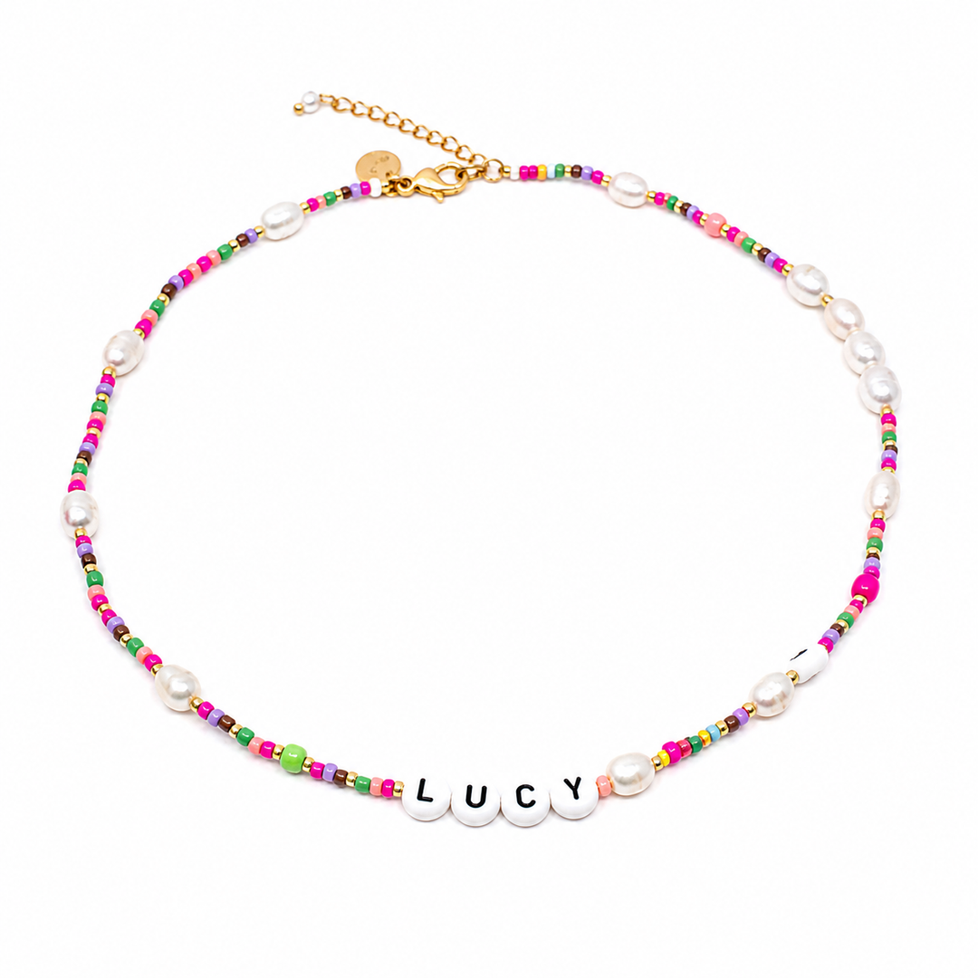 Confetti Bead and Pearl Name Necklace