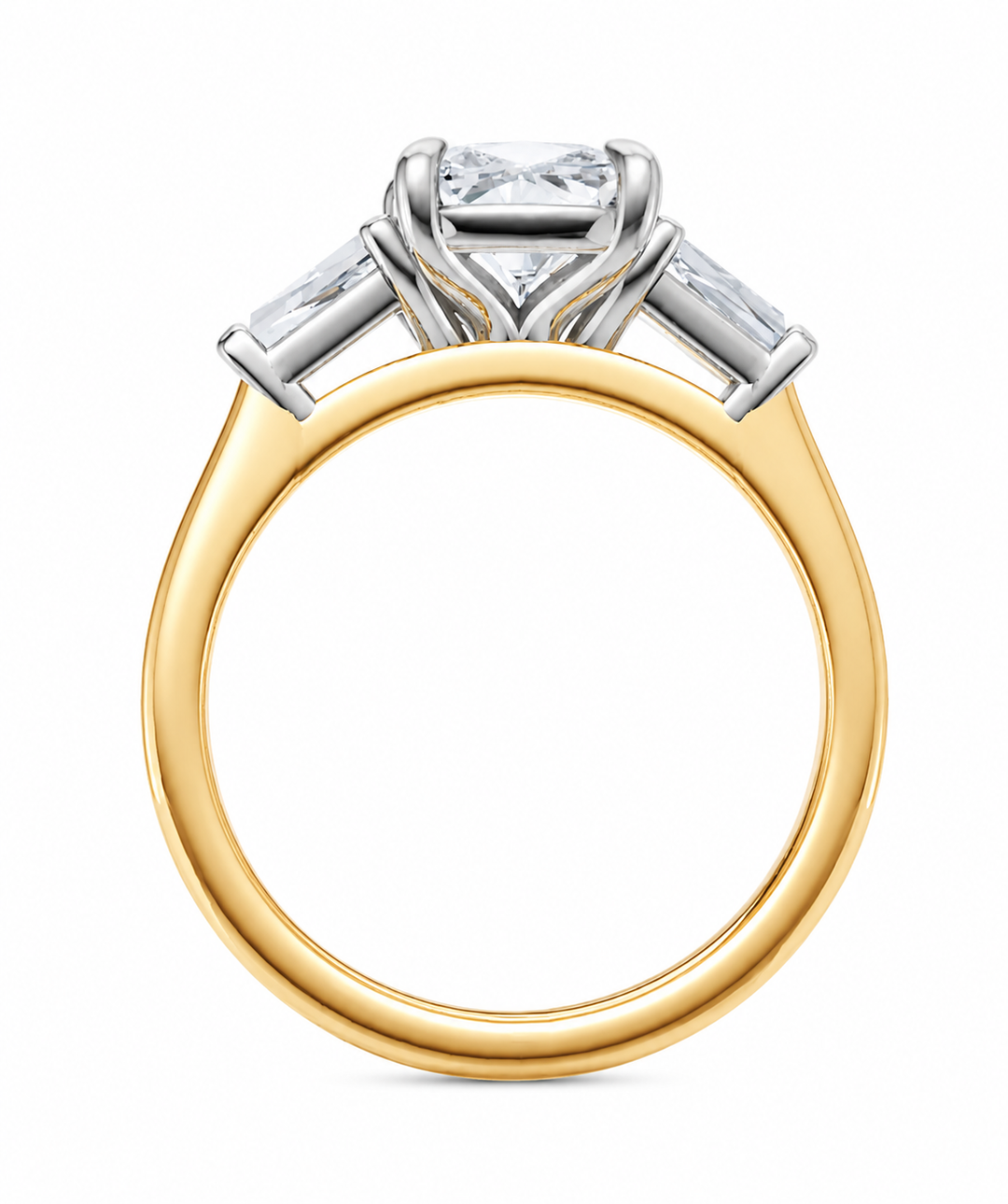 Colette two-tone engagement ring with a radiant cut center diamond and tapered baguette side stones.