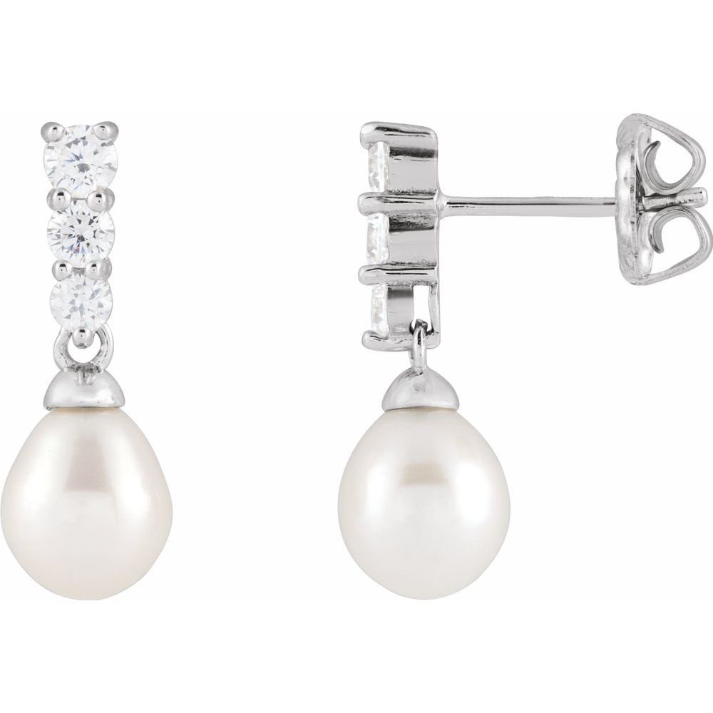 Cultured Freshwater Pearl &amp; CZ Dangle Earrings