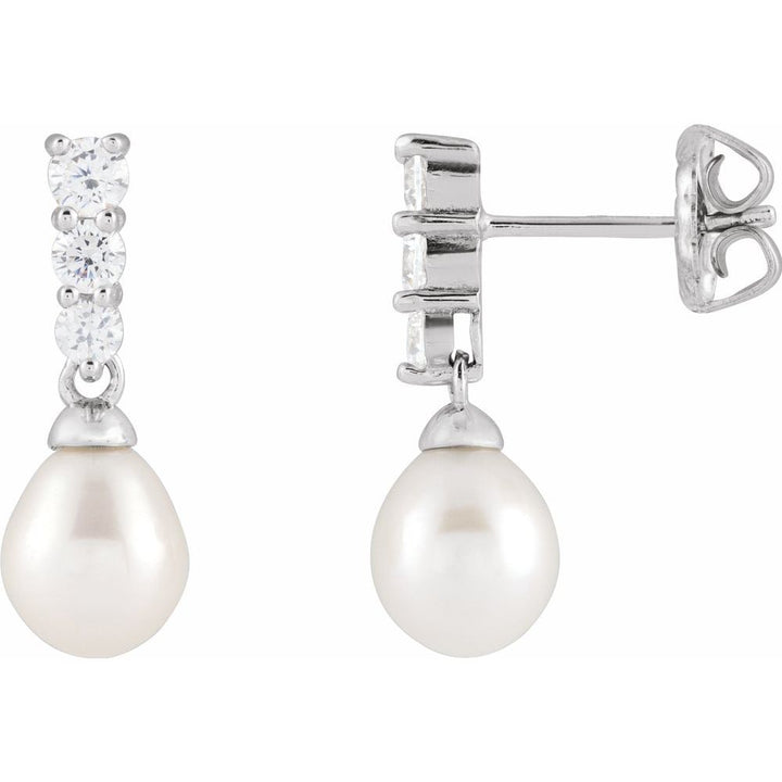 Cultured Freshwater Pearl &amp; CZ Dangle Earrings