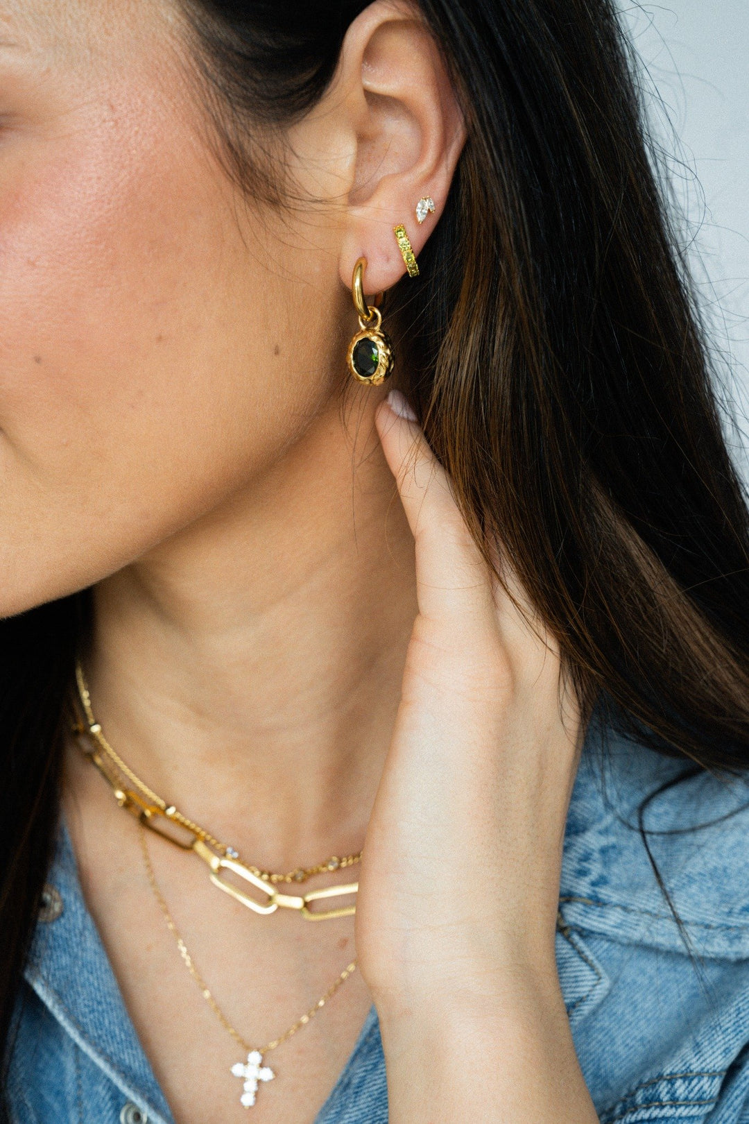 Hammered Bezel CZ Drop Huggies