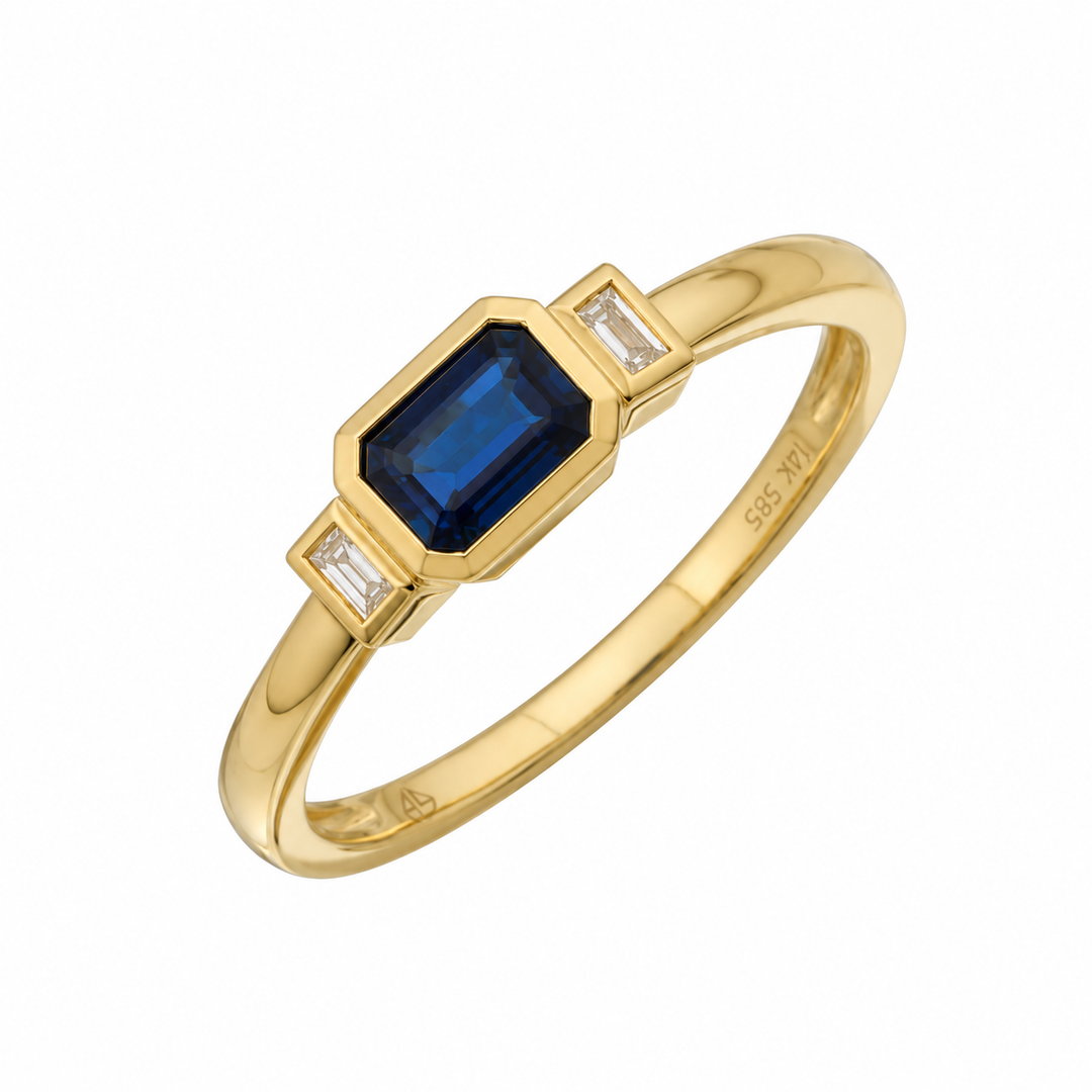 14K Blue Sapphire &amp; Diamond Three-Stone Ring