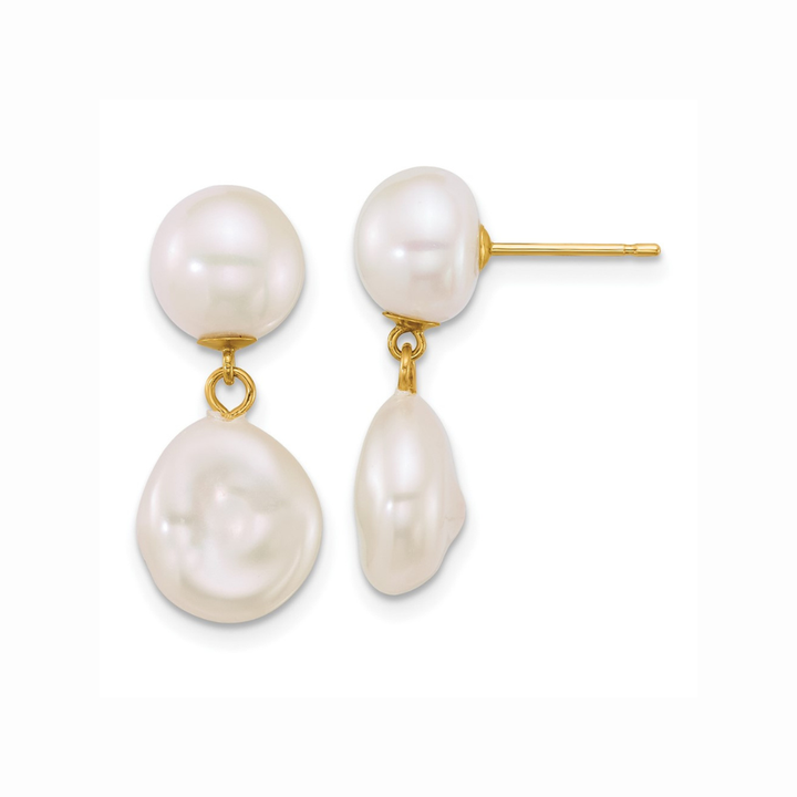 14K Button & Baroque Pearl Dangle Earrings