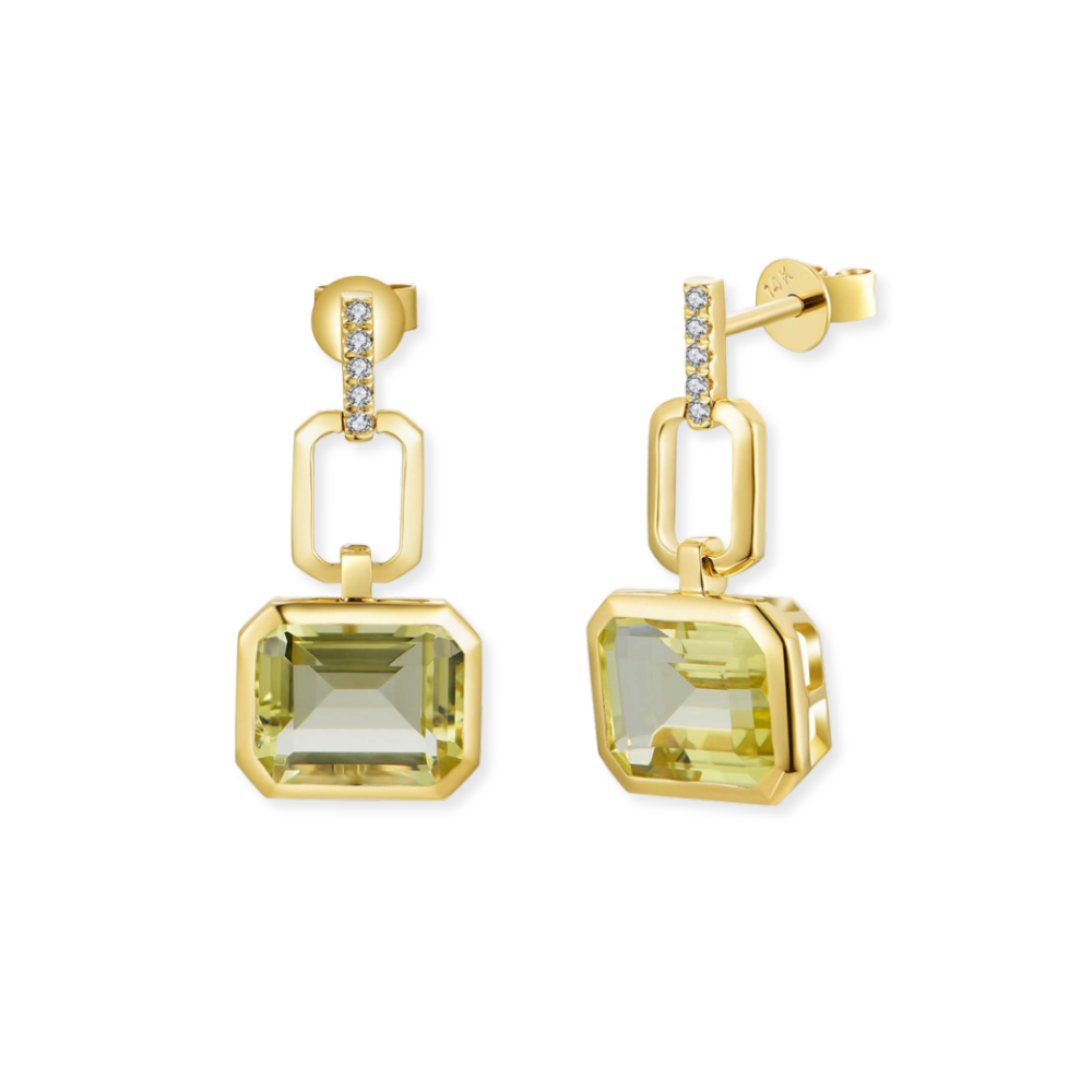 14K Emerald-Cut Lemon Quartz & Diamond Drop Earrings