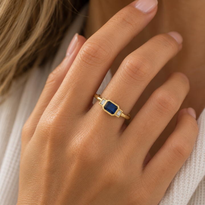 14K Blue Sapphire &amp; Diamond Three-Stone Ring