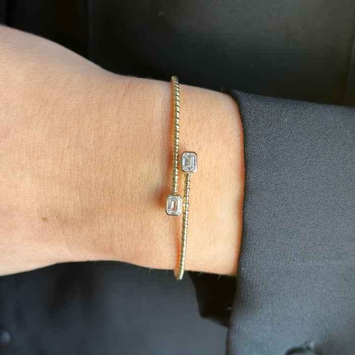 14K Emerald-Cut Bezel Beaded Flex Bangle