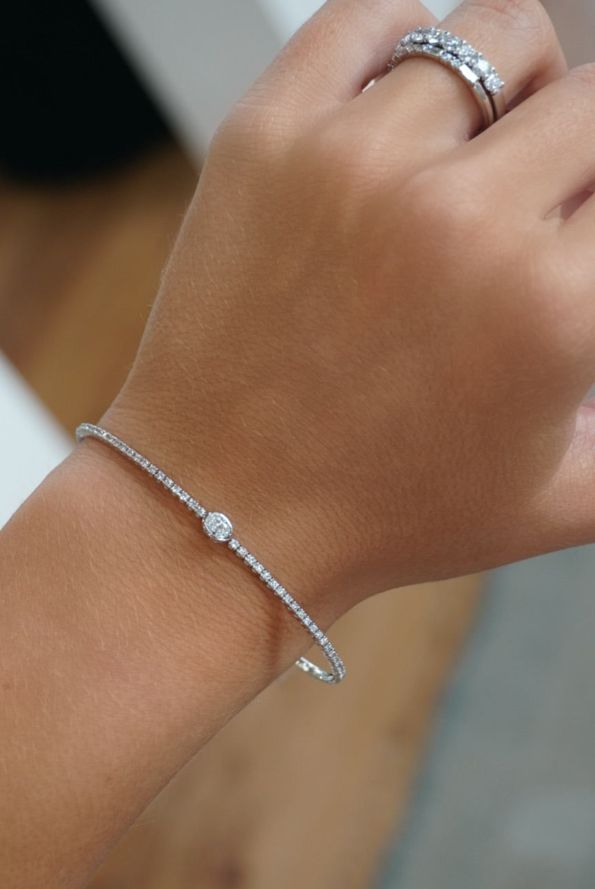 14K Oval Solitaire &amp; Half Eternity Flex Bangle