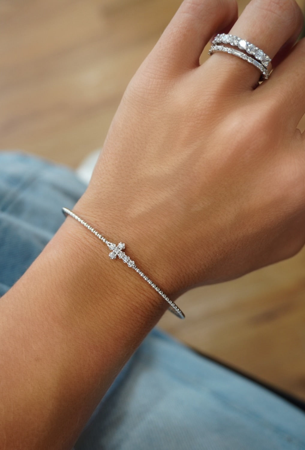 14K Natural Diamond Cross &amp; Beaded Flex Bangle