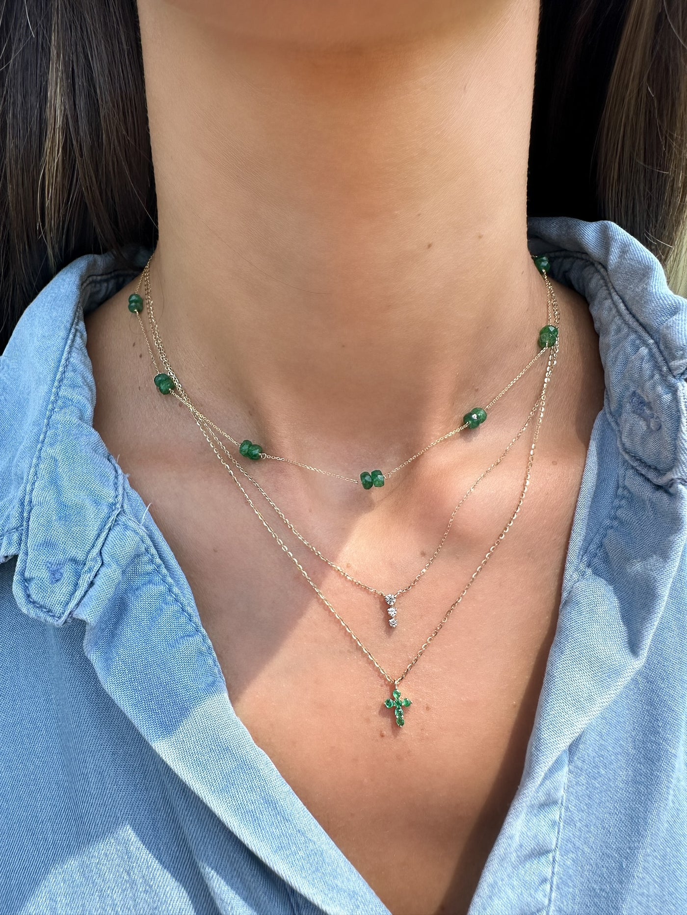 14KY Natural Emerald Cross Necklace