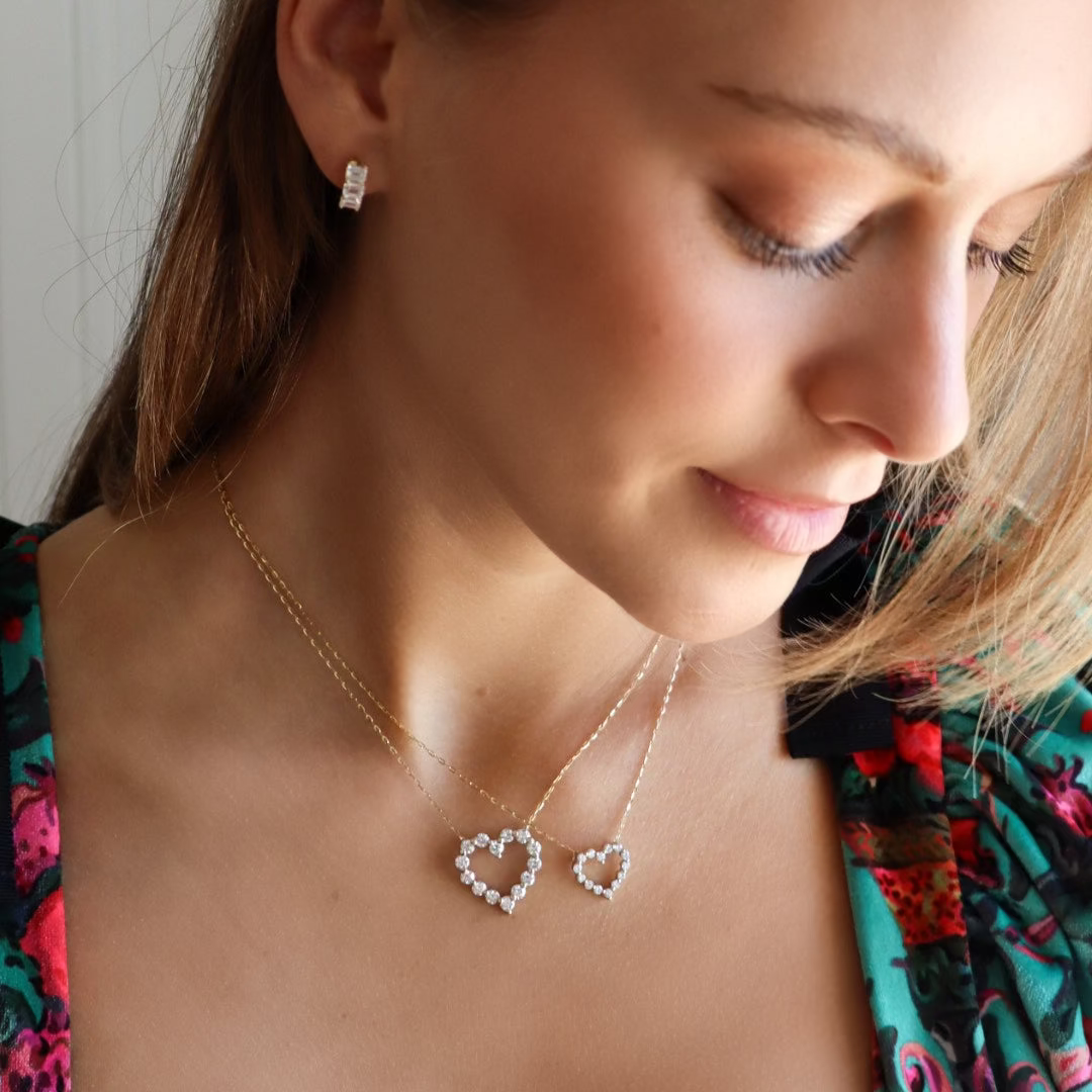 14K Two-Tone Diamond Open Heart Necklace