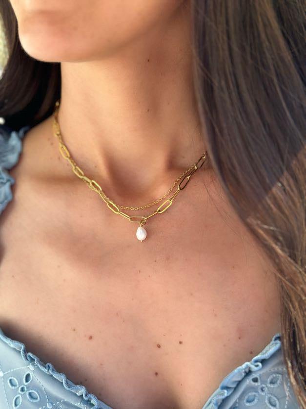 Renee Double Chain Pearl Choker Necklace