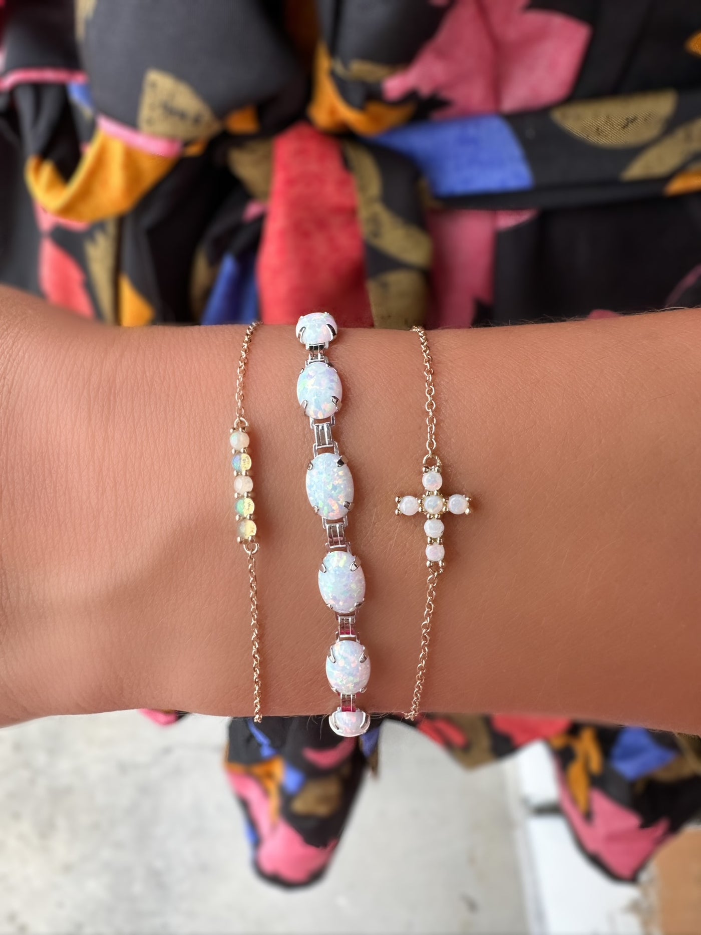 14K Natural White Opal Sideways Cross Bracelet