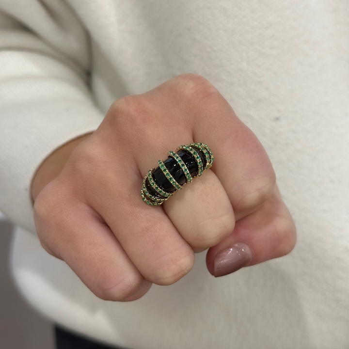 14K Black Onyx &amp; Emerald Dome Ring