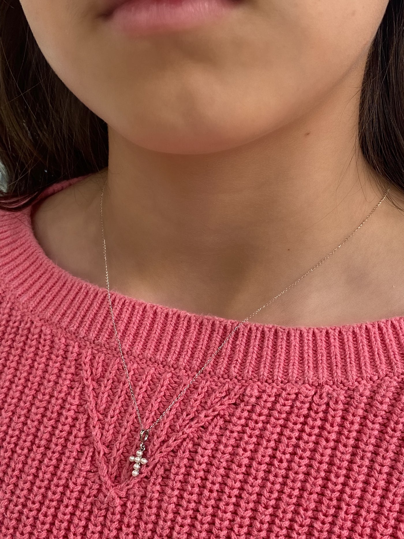 14K Petite Pearl Cross Necklace