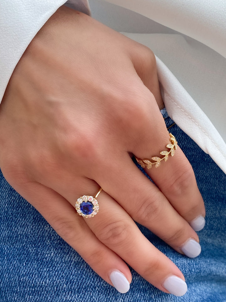 14KY Lab Grown Blue Sapphire & 1/2 CTW Natural Diamond Halo Ring