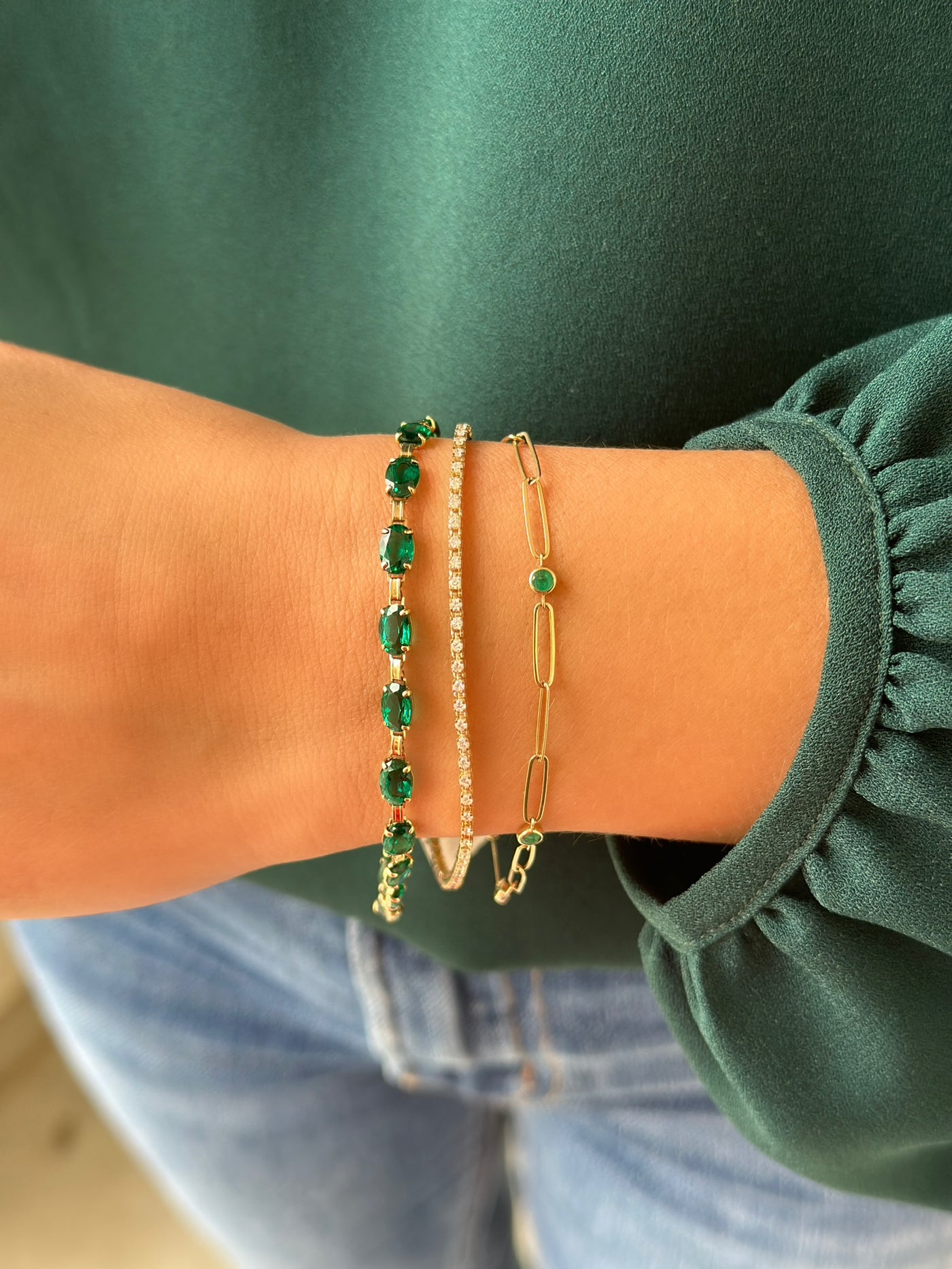 14KY Natural Emerald Bezel-Set Paperclip Bracelet