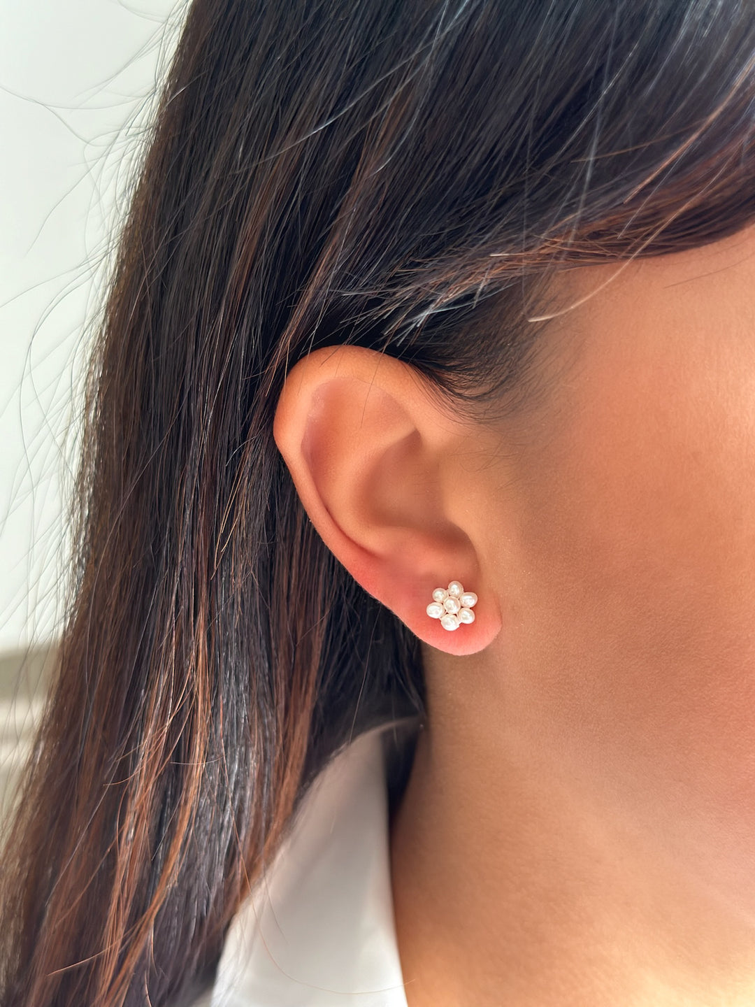 14K Cultured White Freshwater Pearl Flower Studs