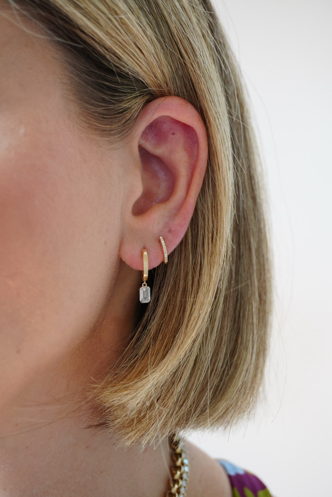 14K 0.65 CTW Emerald-Cut &amp; Bezel Diamond Dangle Hoops