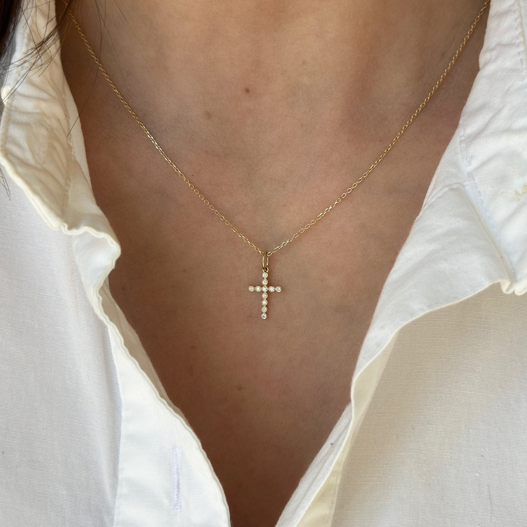 14K Petite Bezel Diamond Cross Pendant