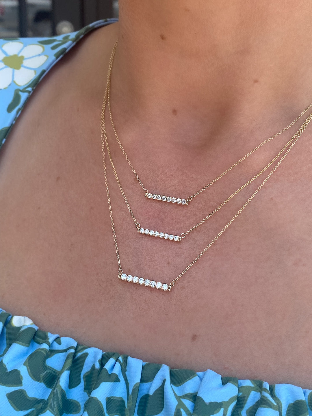 14K French-Set Diamond Bar Necklace