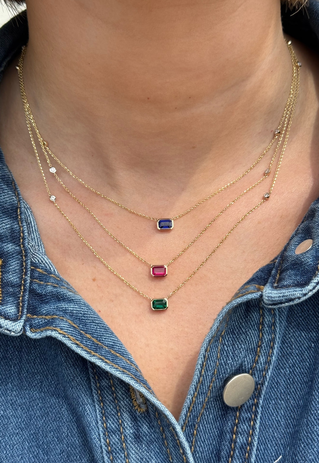 14KY Lab Grown Diamond &amp; Emerald-Cut Gemstone Station Necklace